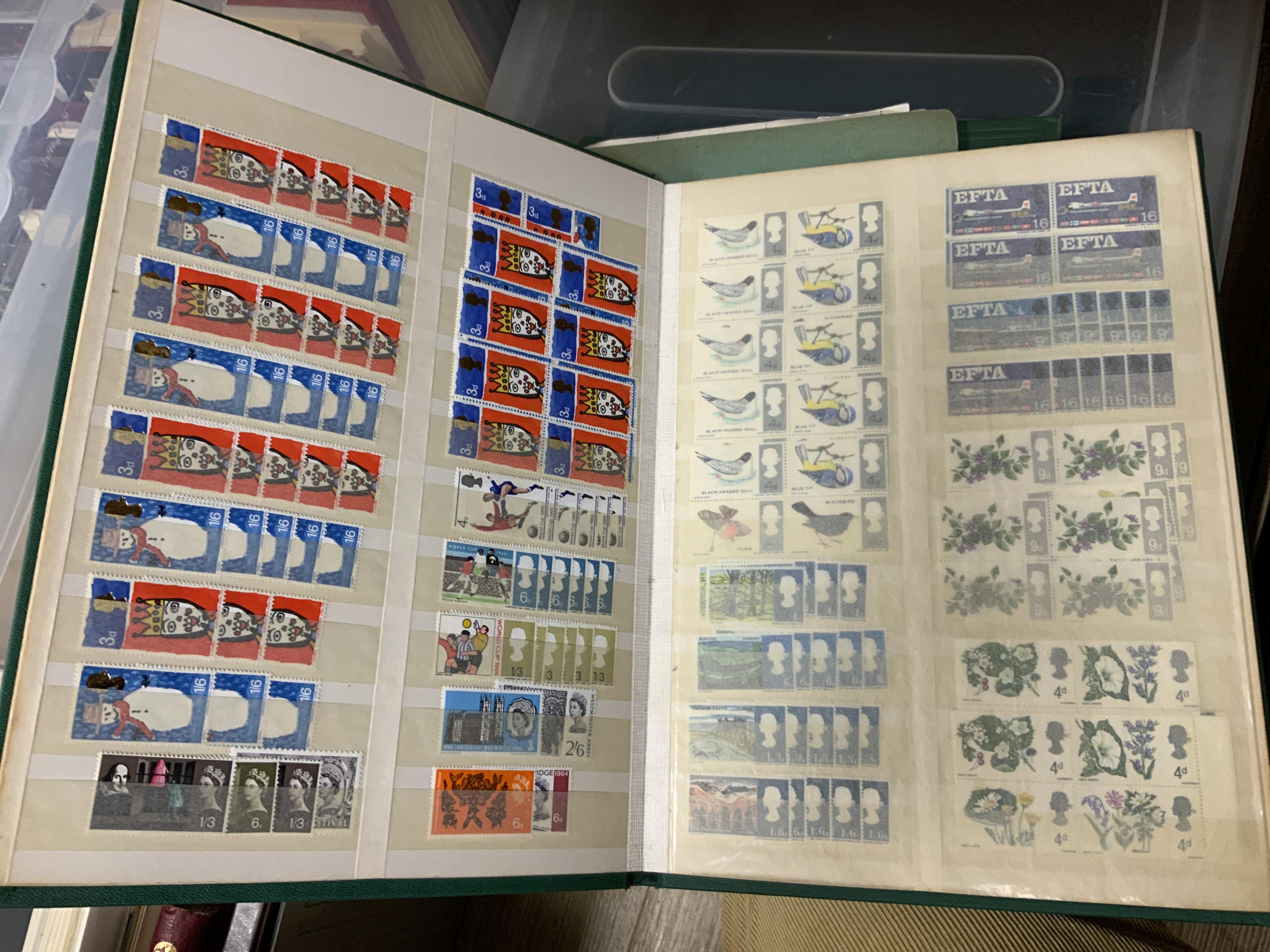 Five stamp albums, together with a quantity of loose leaves contained within a plastic box file, world stamps including; unused Belgium and German stamps with the theme of European Art, etc. unused part sheets of French